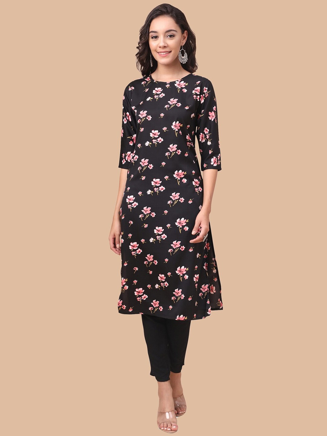 

KALINI Women Floral Printed Crepe Kurta, Black