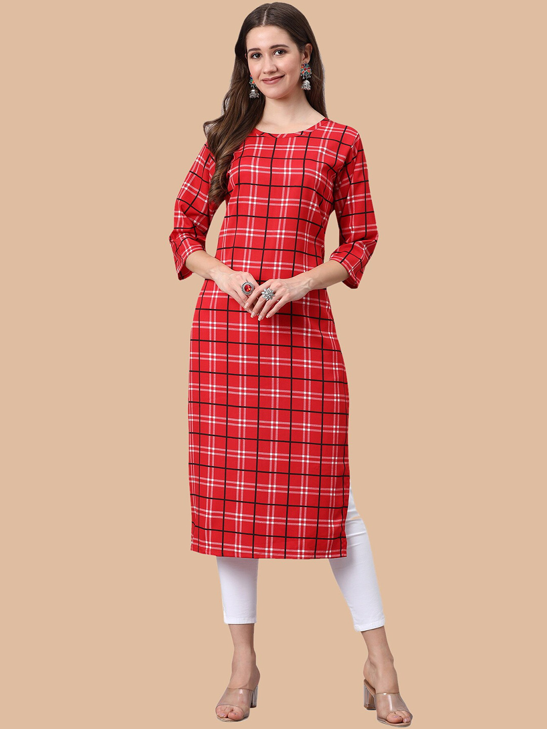 

KALINI Women Checked Thread Work Crepe Kurta, Red