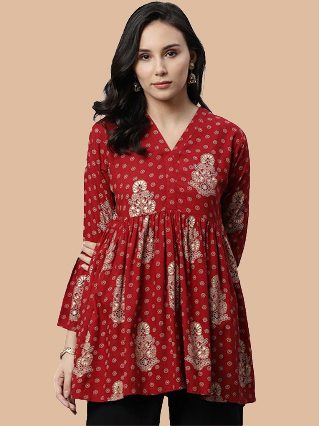 

KALINI Ethnic Motifs Printed Anarkali Kurti, Red