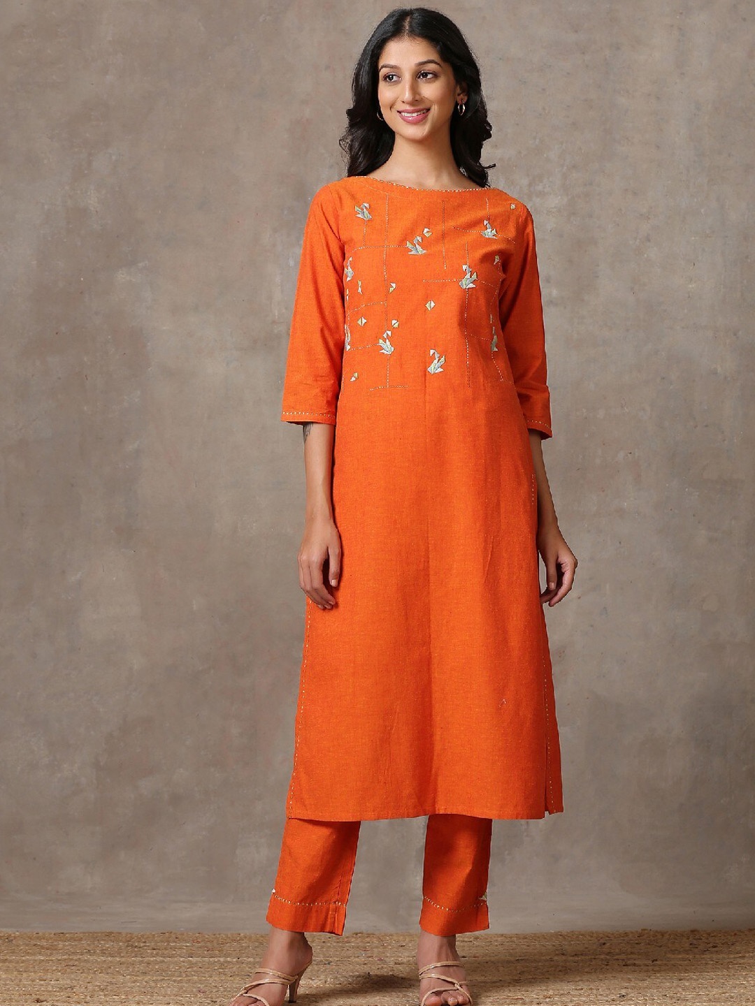 

OKHAI Women Floral Embroidered Thread Work Pure Cotton Kurta with Trousers, Orange
