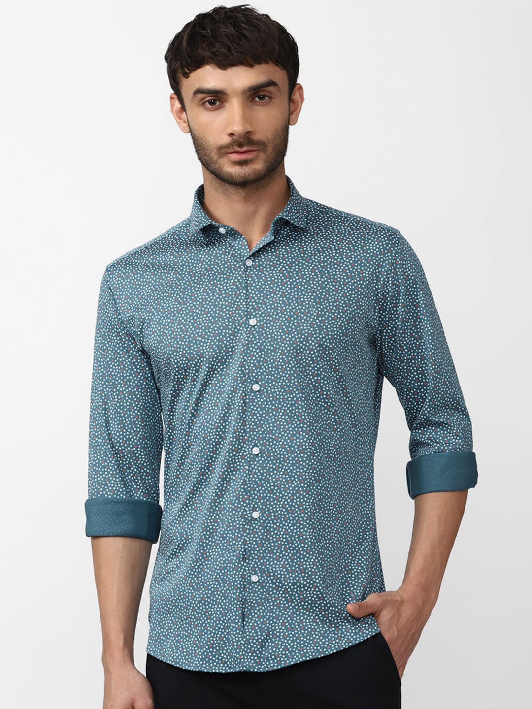 

V Dot Men Slim Fit Printed Casual Cotton Shirt, Blue