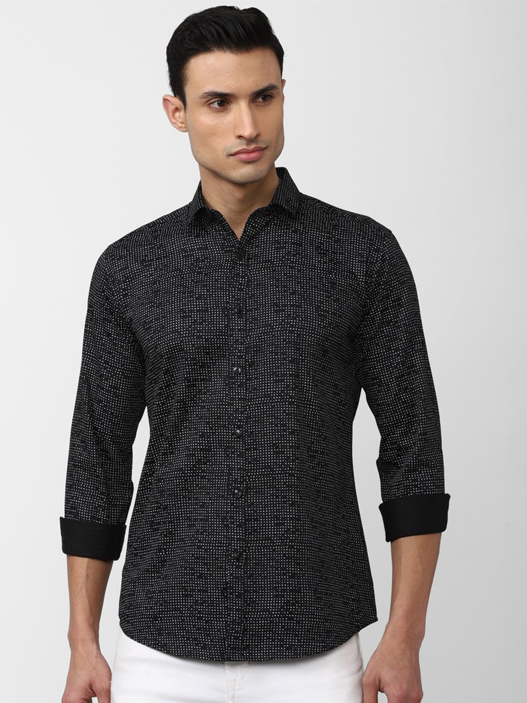 

V Dot Men Slim Fit Micro Checks Printed Casual Cotton Shirt, Black