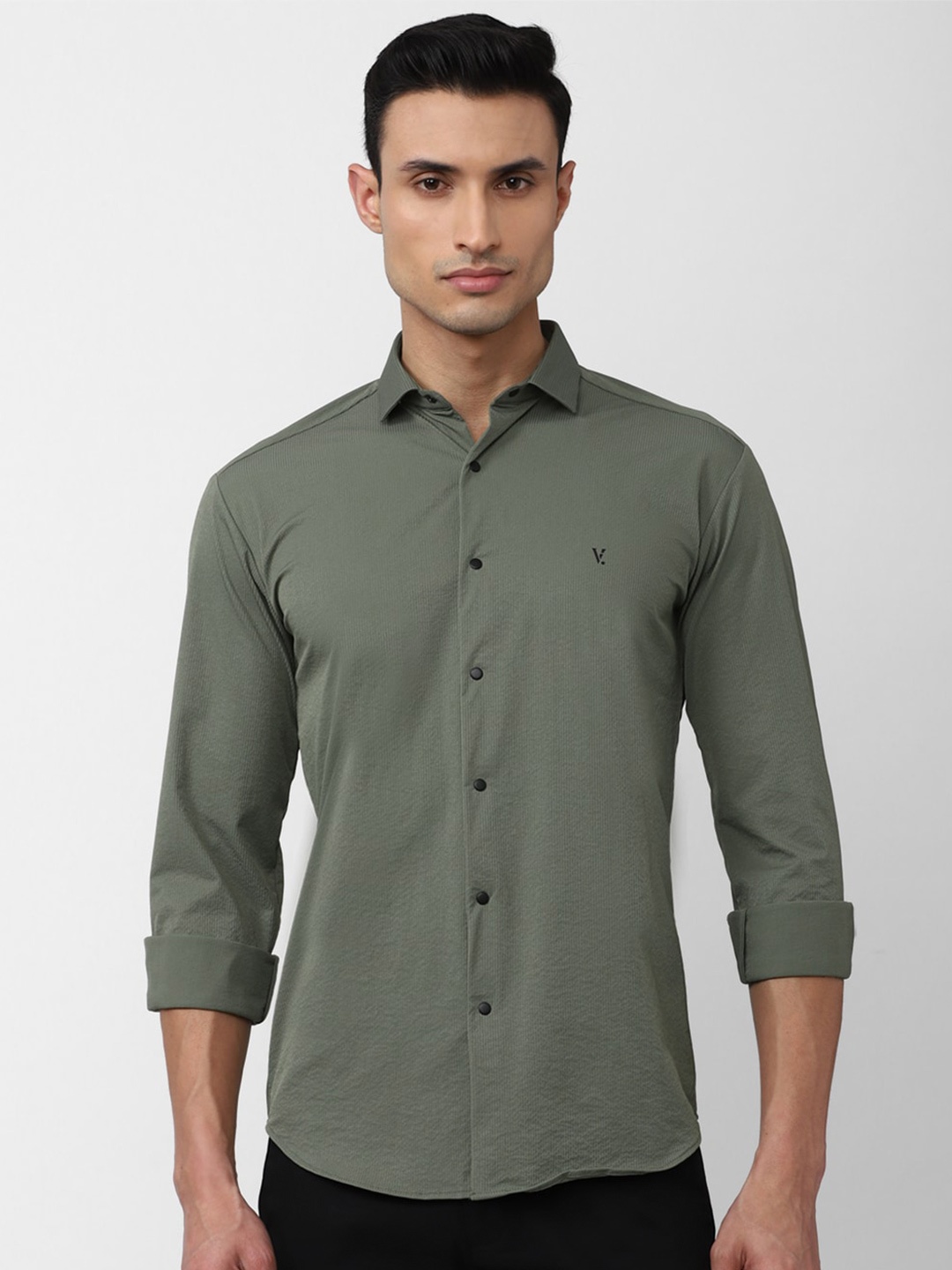 

V Dot Men Slim Fit Casual Cotton Shirt, Olive