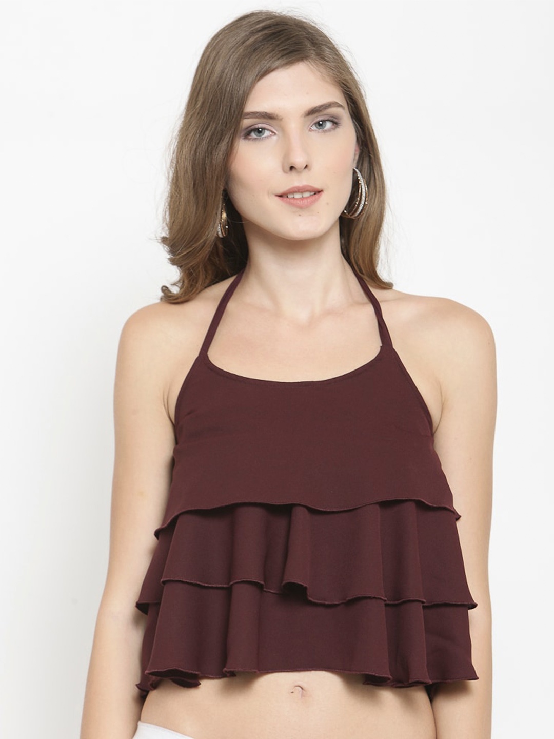 

Indietoga Maroon Ruffles Georgette Tiered Crop Top