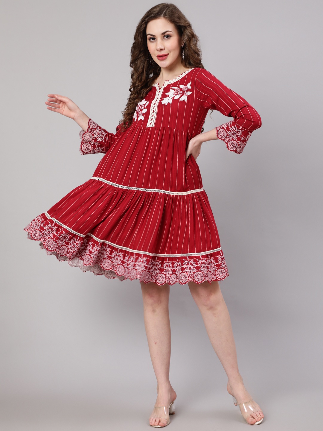 

Nehamta Round Neck Embroidered A-Line Dress, Red