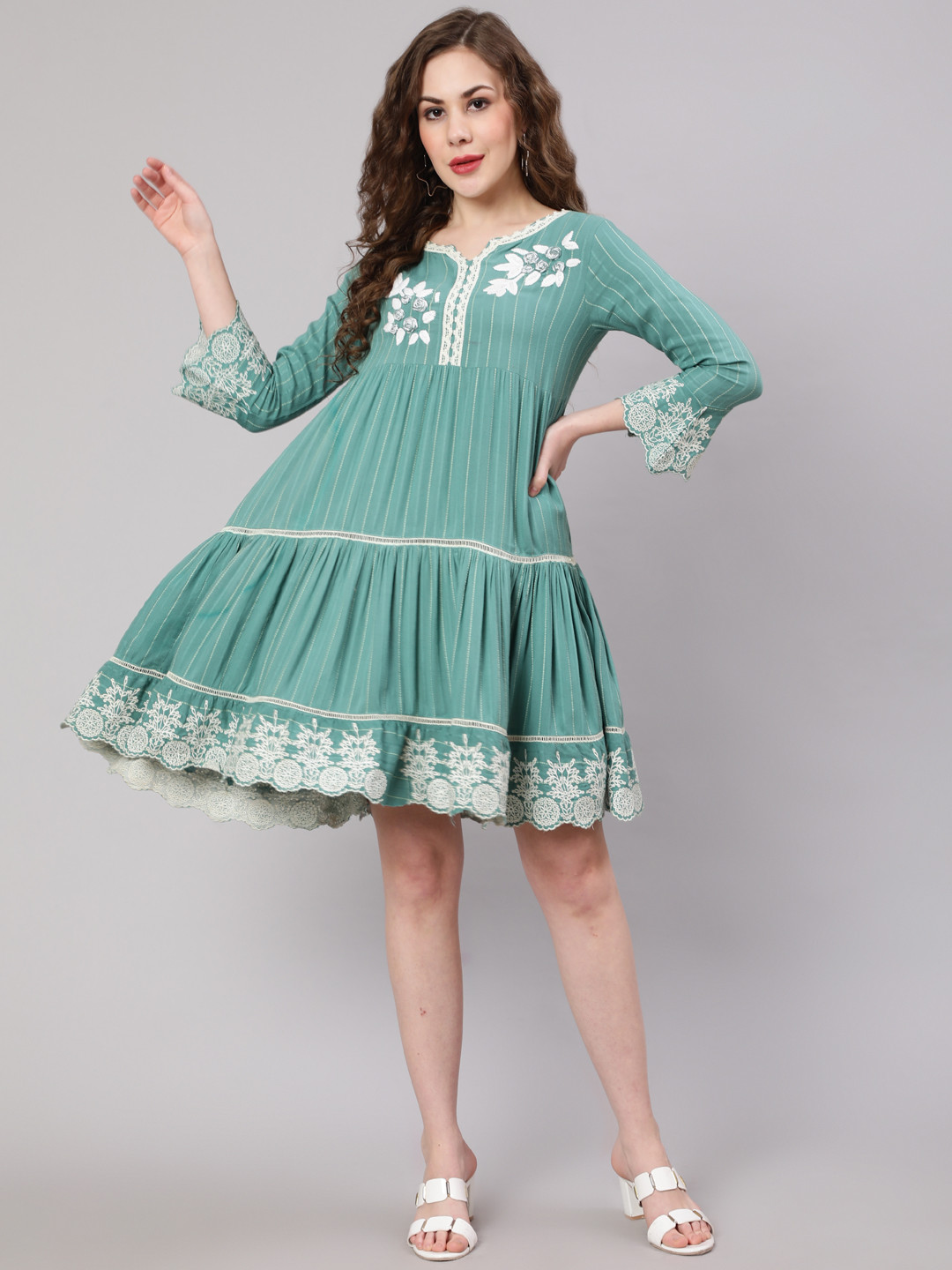 

Nehamta Floral Embroidered A-Line Dress, Turquoise blue