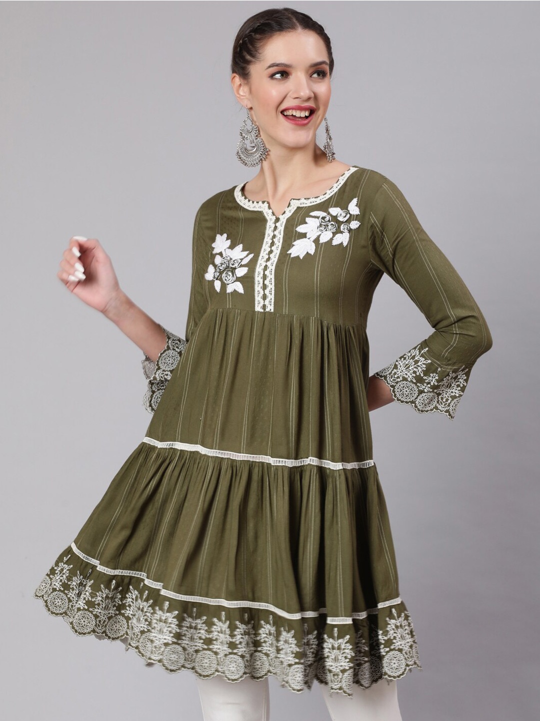 

Nehamta Embroidered Notch Neck Cotton Tunic, Olive