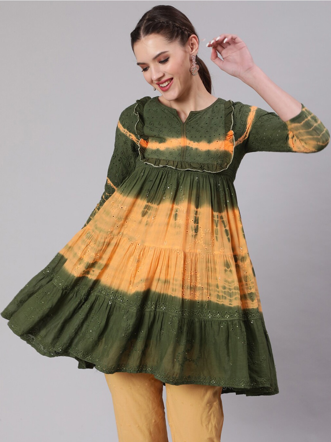 

Nehamta Tie & Dye Self Design Notch Neck Cotton Tunic, Olive