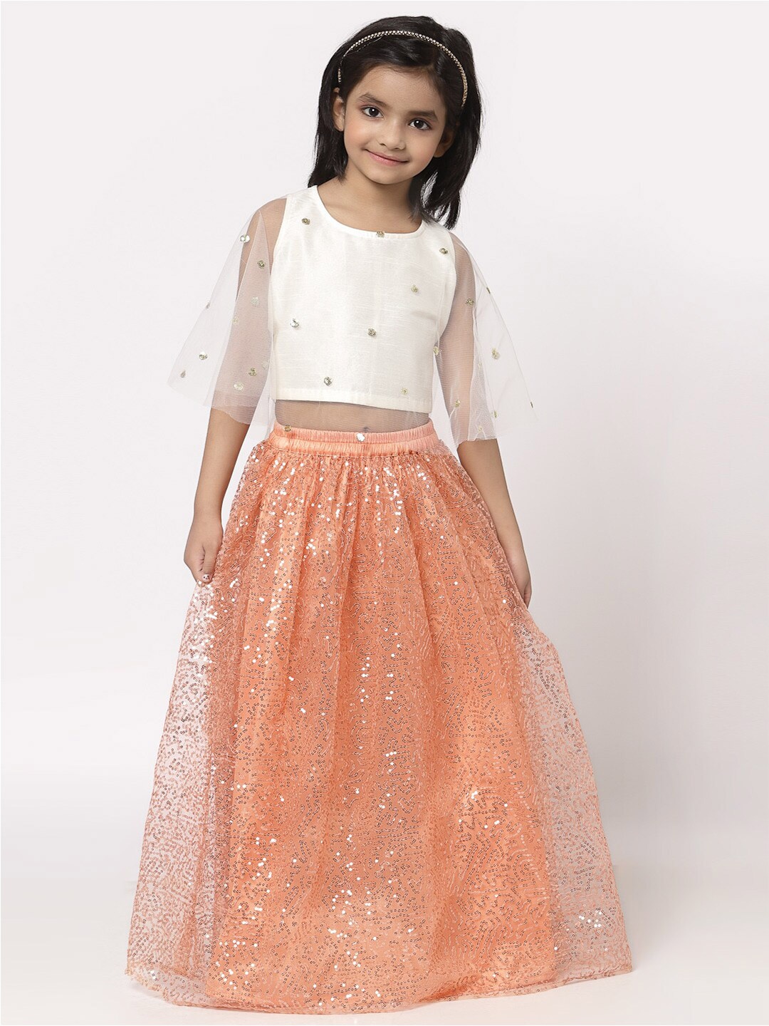

studio rasa Girls Embellished Sequinned Ready to Wear Lehenga & Blouse, Peach