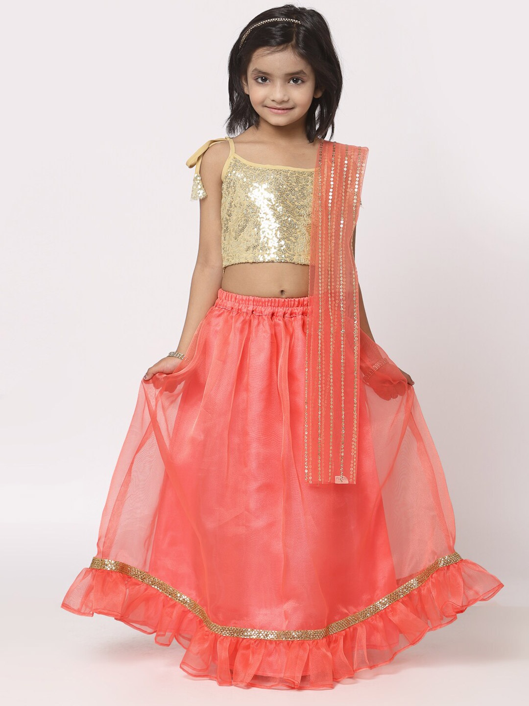 

studio rasa Girls Embellished Sequinned Ready to Wear Lehenga & Blouse With Dupatta, Coral