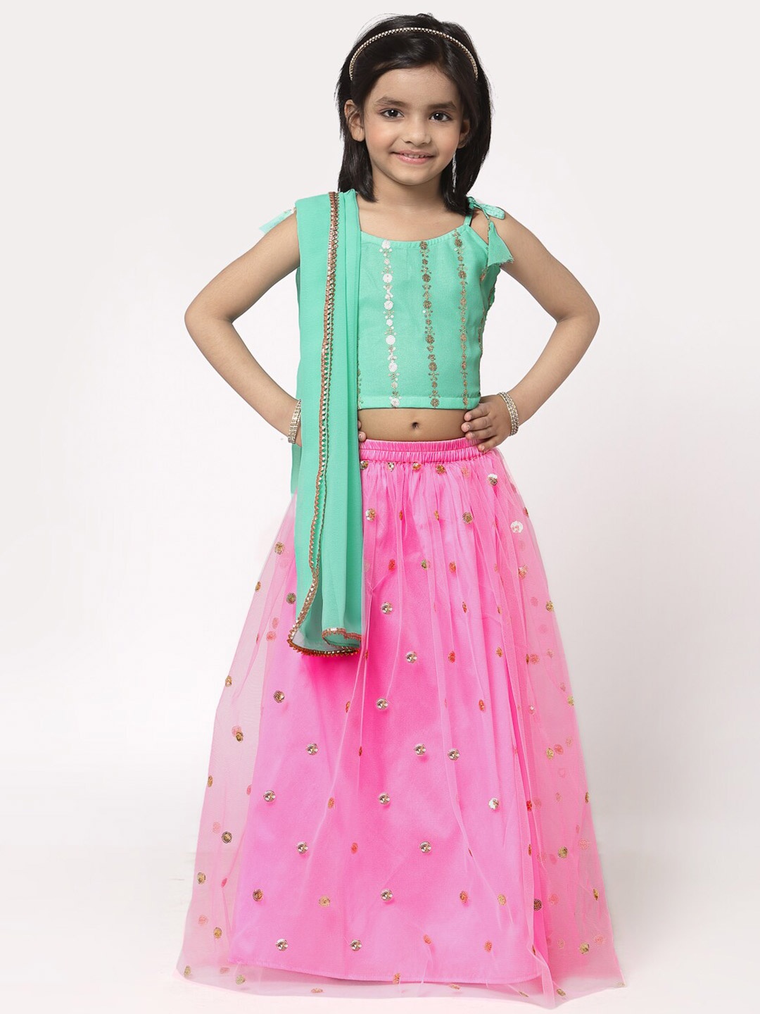 

studio rasa Girls Embellished Sequinned Ready to Wear Lehenga & Blouse With Dupatta, Pink