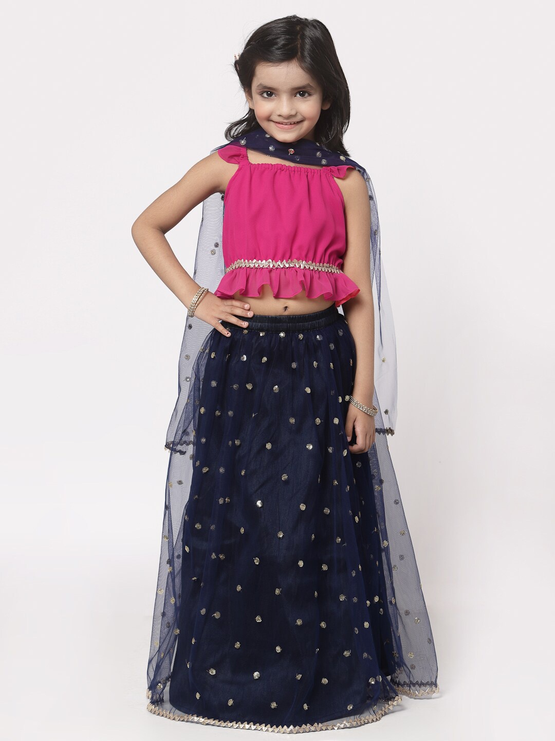 

studio rasa Girls Sequinned Ready to Wear Lehenga & Blouse With Dupatta, Navy blue