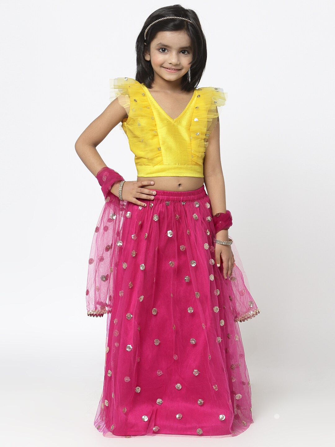 

studio rasa Girls Embellished Sequinned Ready to Wear Lehenga & Blouse With Dupatta, Pink
