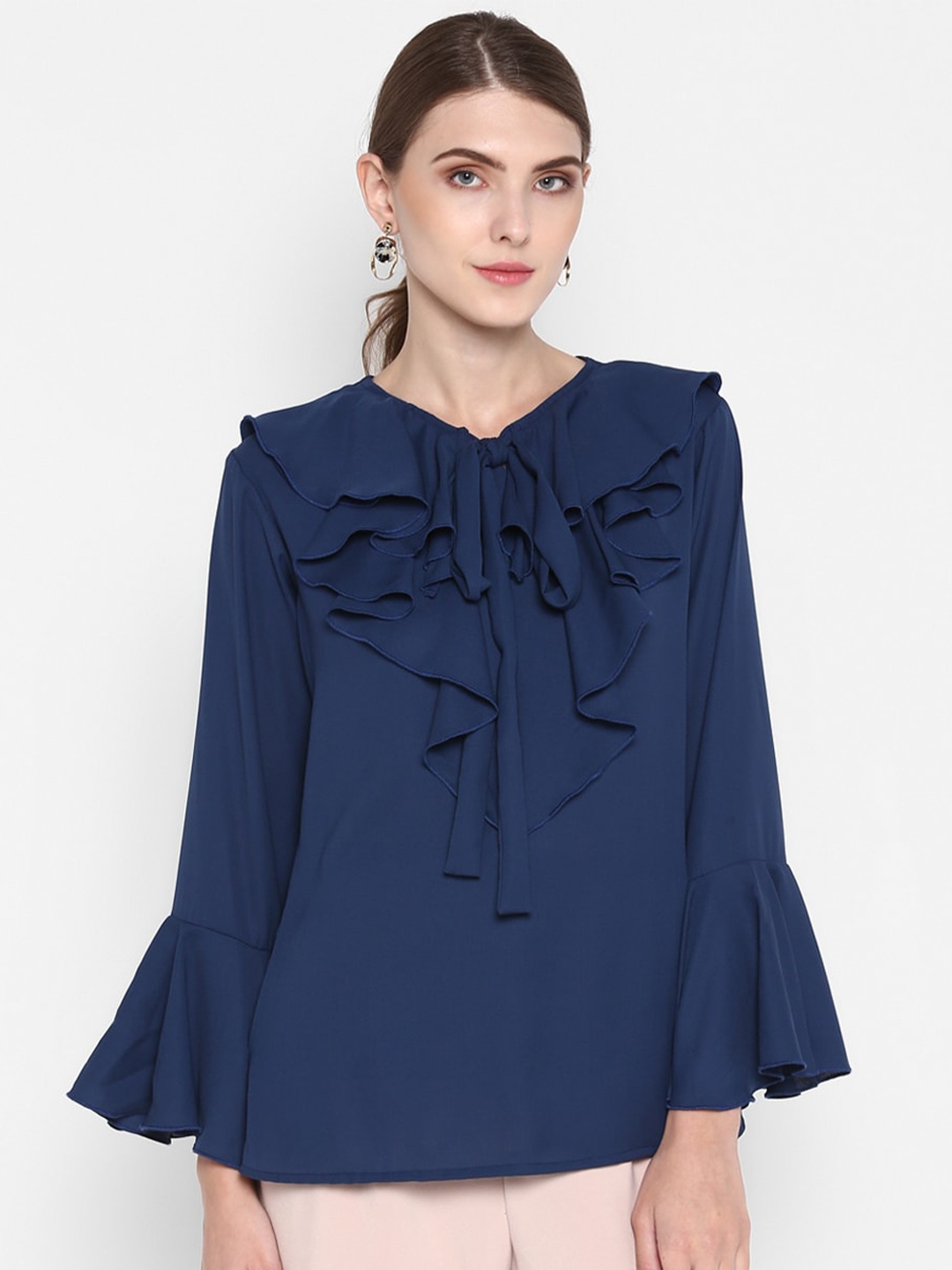 

Indietoga Tie-Up Neck Ruffles Indigo Georgette Blouson Top, Blue