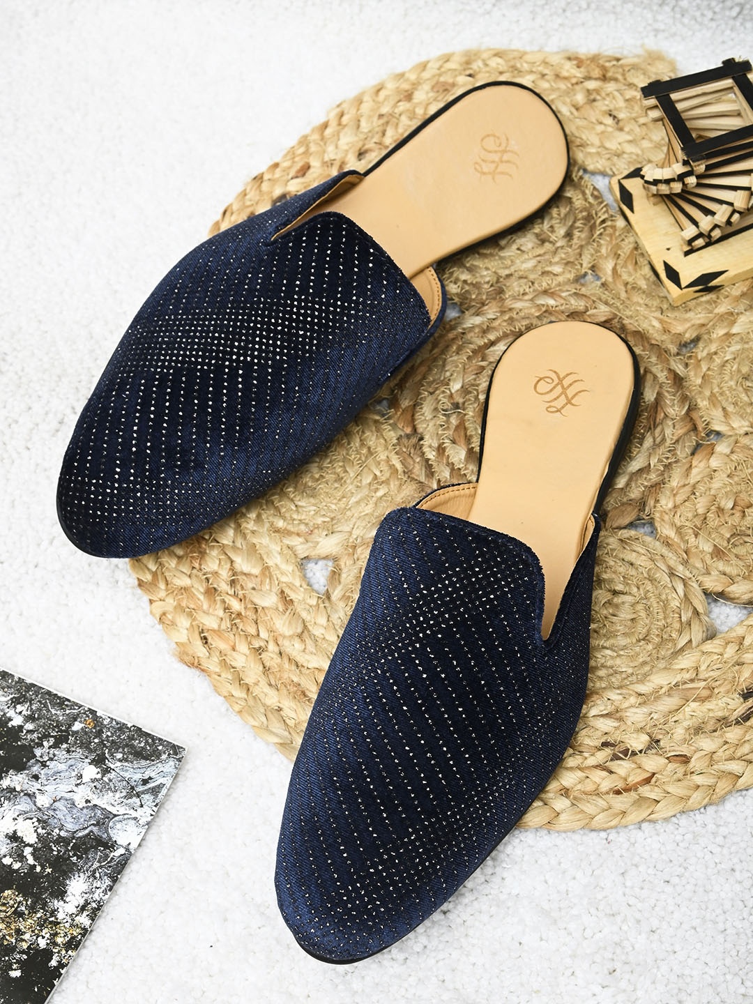 

House of Pataudi Men Woven Design Leather Mules, Blue