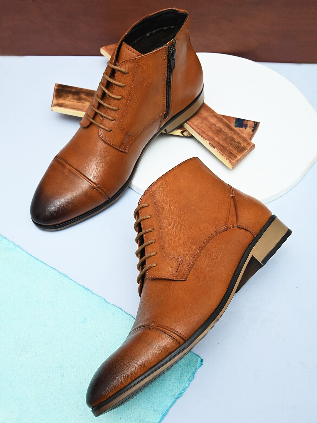 

House of Pataudi Men Textured Faux Leather Regular Boots, Tan