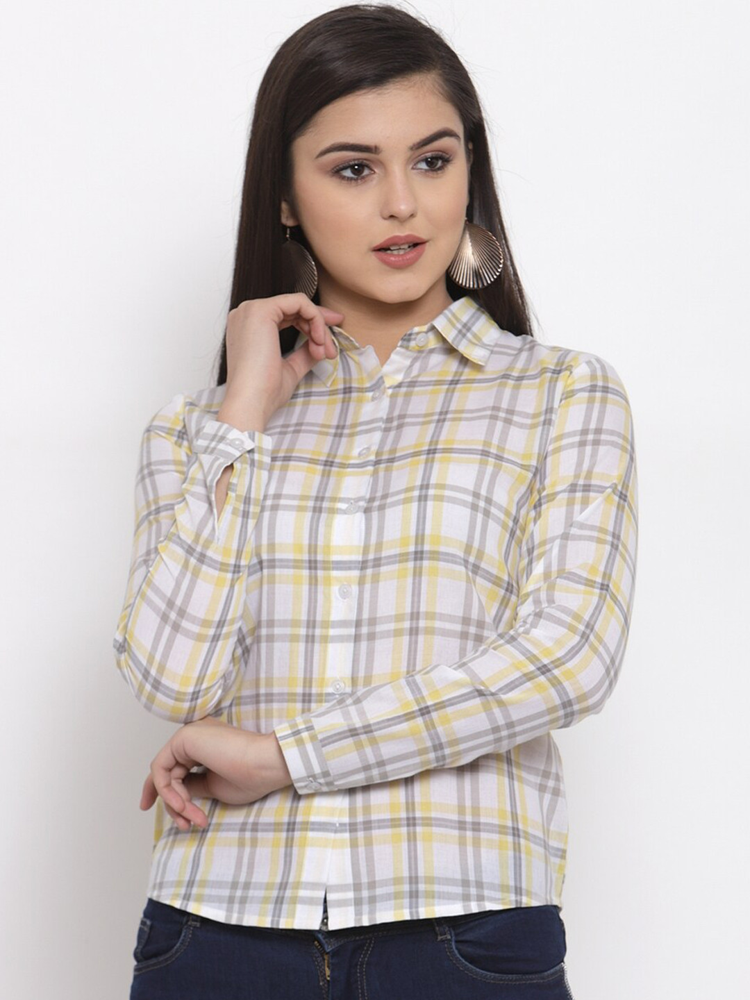 

Purple State Women White Tartan Checked Casual Cotton Shirt