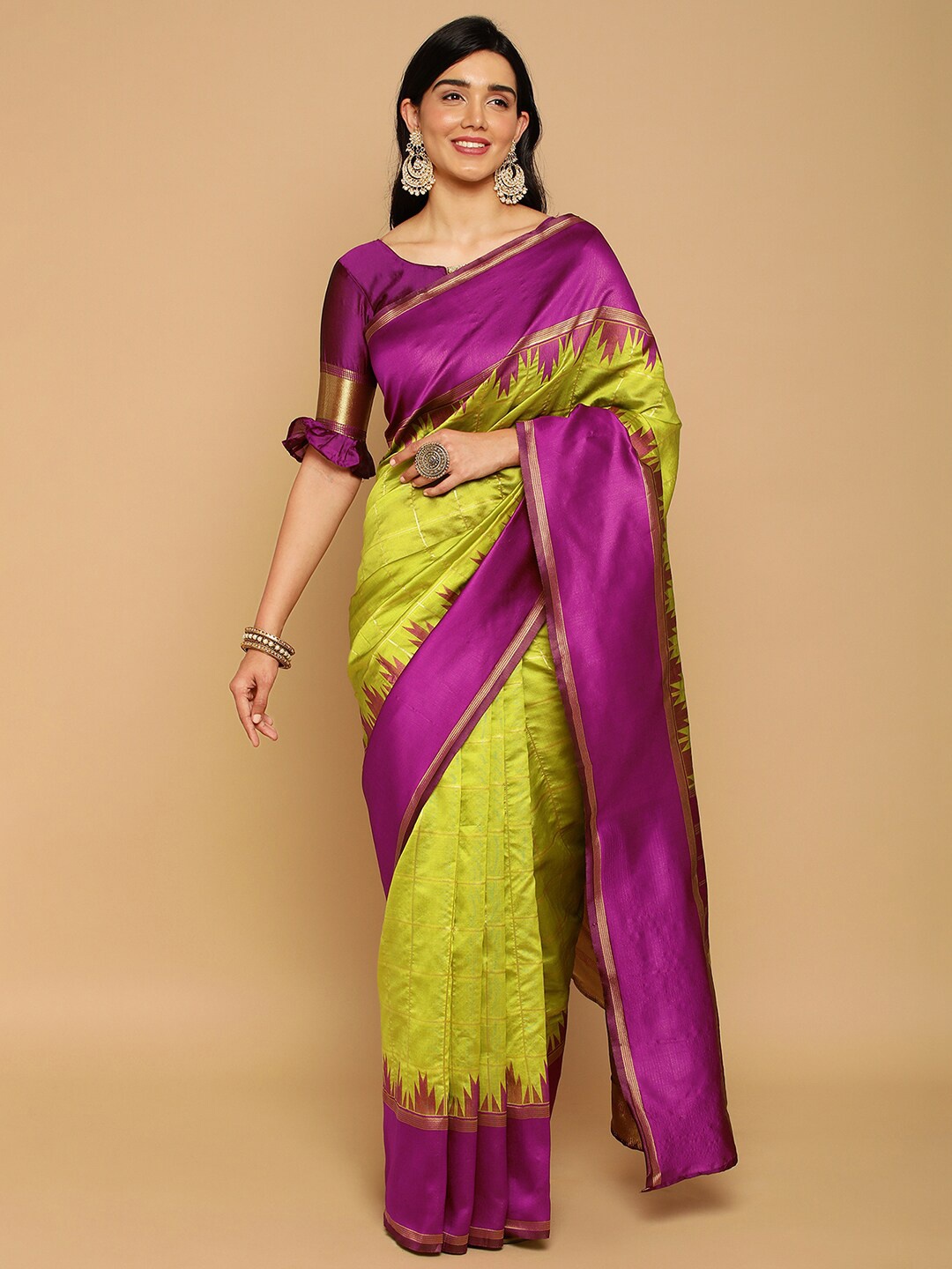 

Satrani Checked Zari Banarasi Saree, Lime green