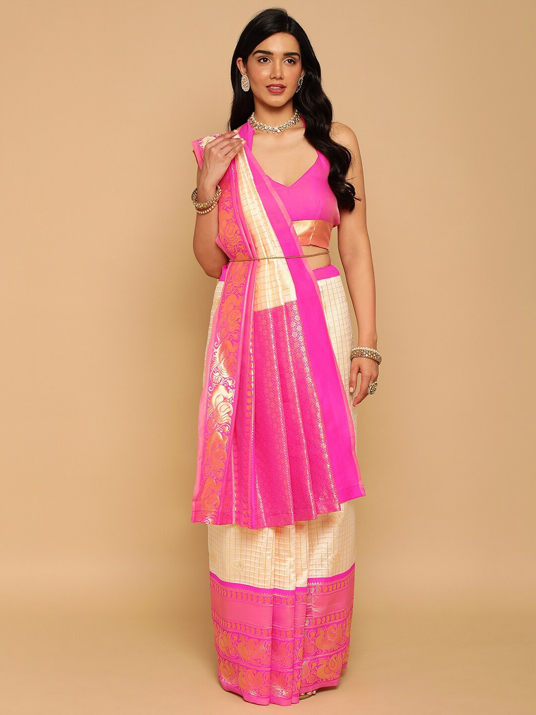 

Satrani Checked Zari Banarasi Saree, Pink