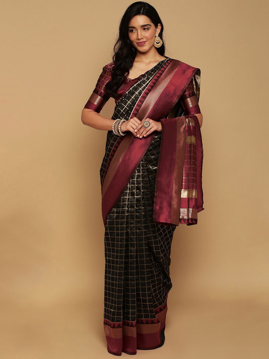 

Satrani Checked Zari Banarasi Saree, Black