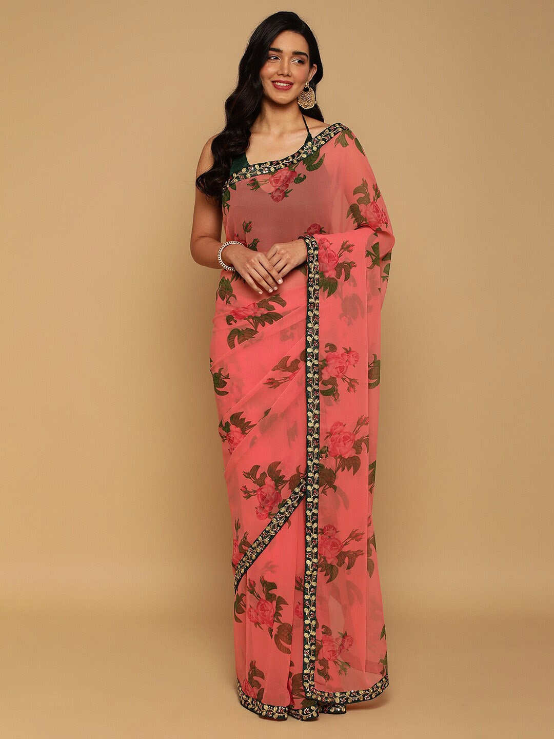 

Satrani Floral Printed Saree, Peach