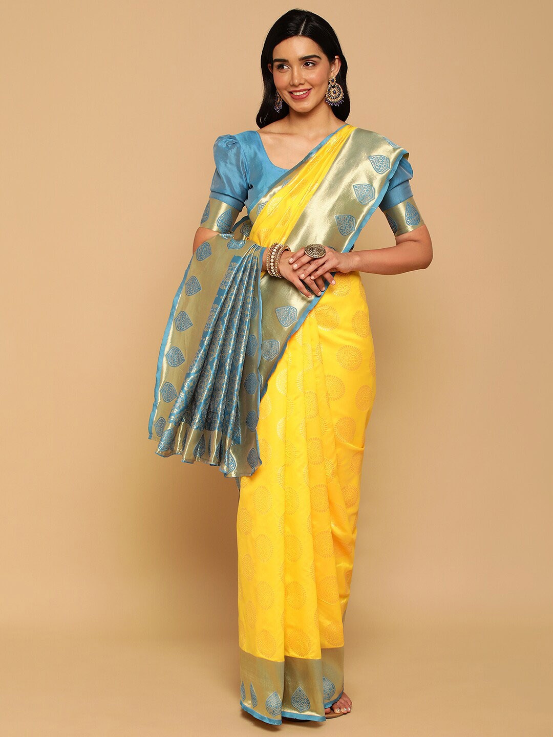 

Satrani Woven Design Zari Banarasi Saree, Yellow
