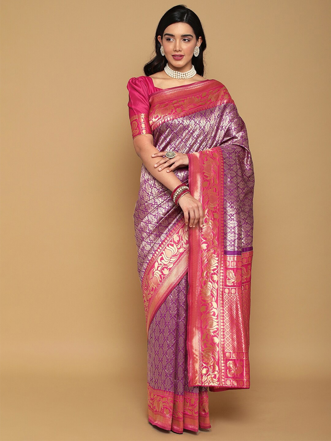 

Satrani Woven Design Zari Banarasi Saree, Purple