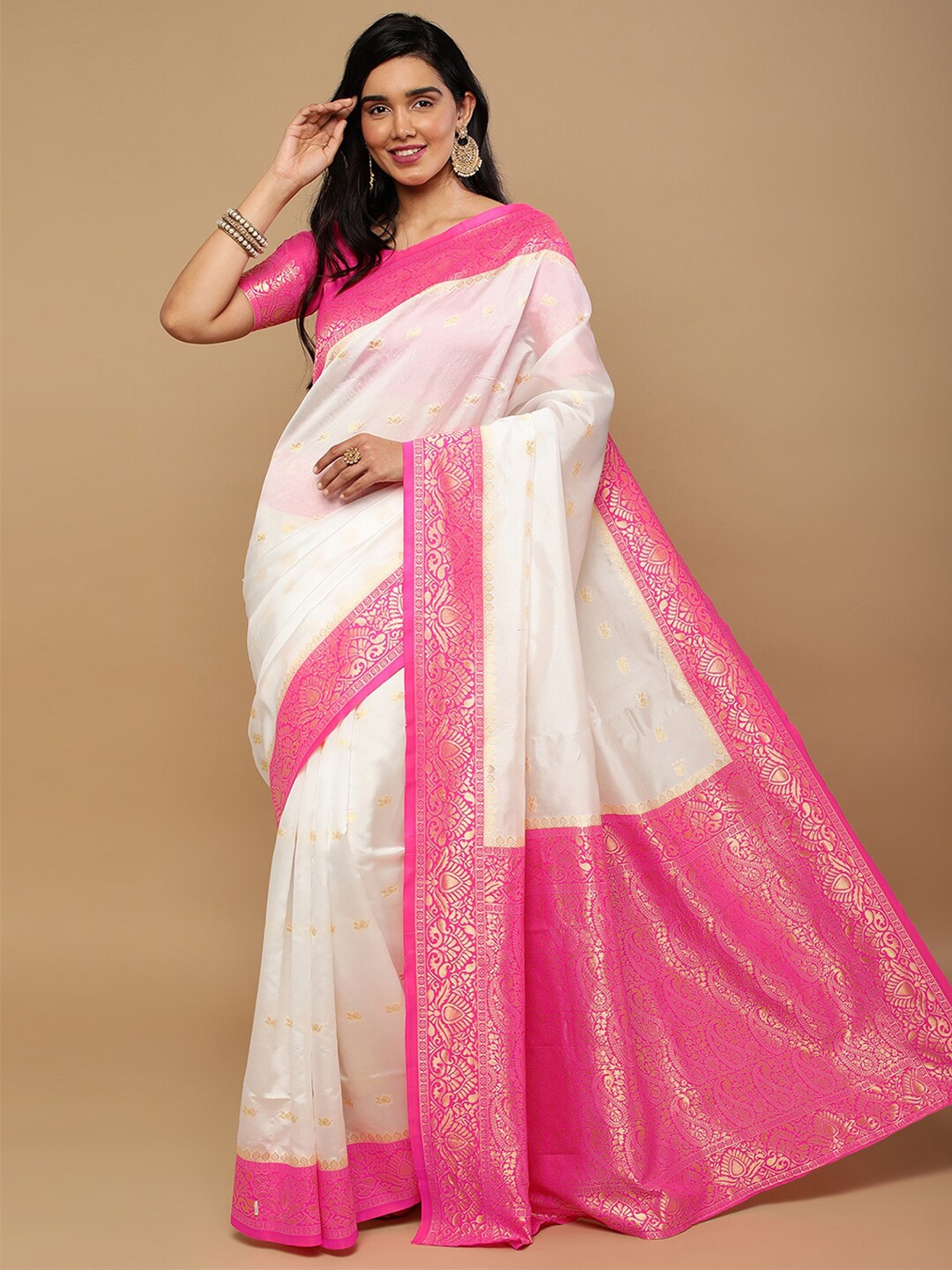 

Satrani Woven Design Paisley Motif Zari Banarasi Saree, White