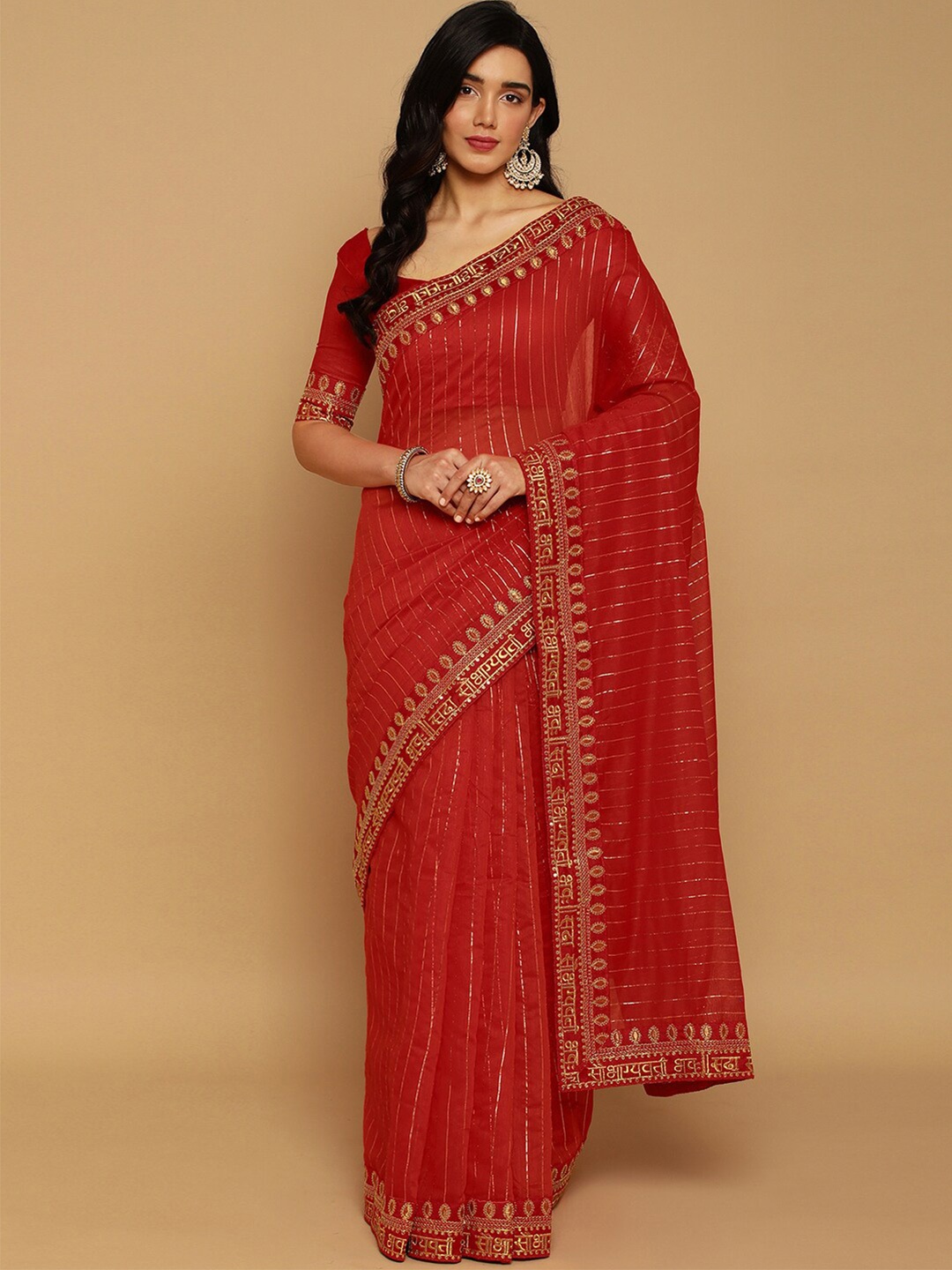 

Satrani Striped Zari Saree, Red
