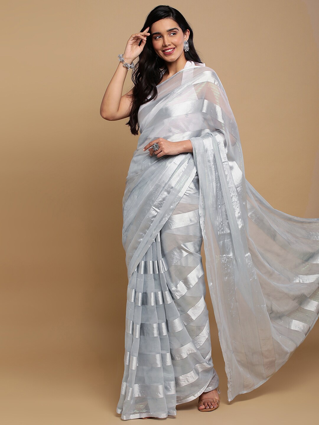 

Satrani Striped Satin Saree, Grey
