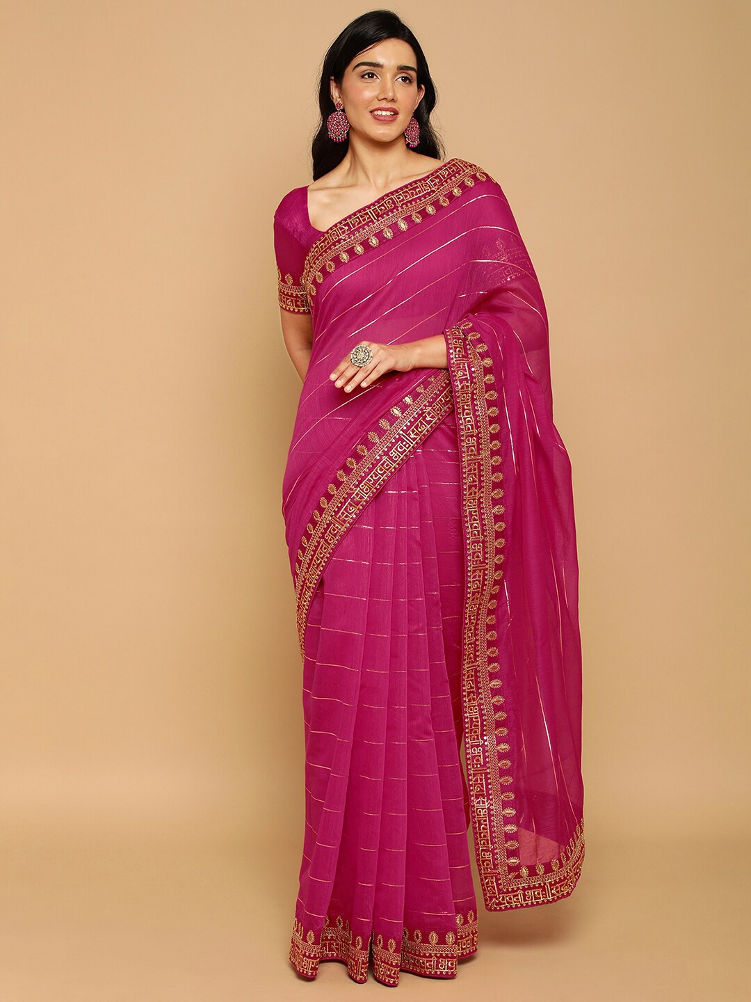 

Satrani Striped Embroidered Saree, Pink