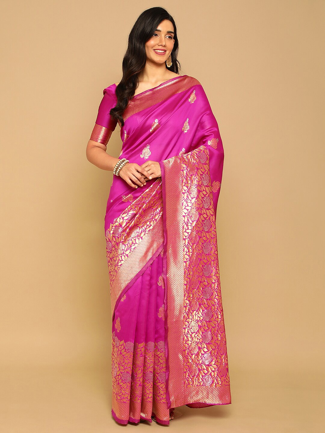 

Satrani Woven Design Zari Banarasi Saree, Pink