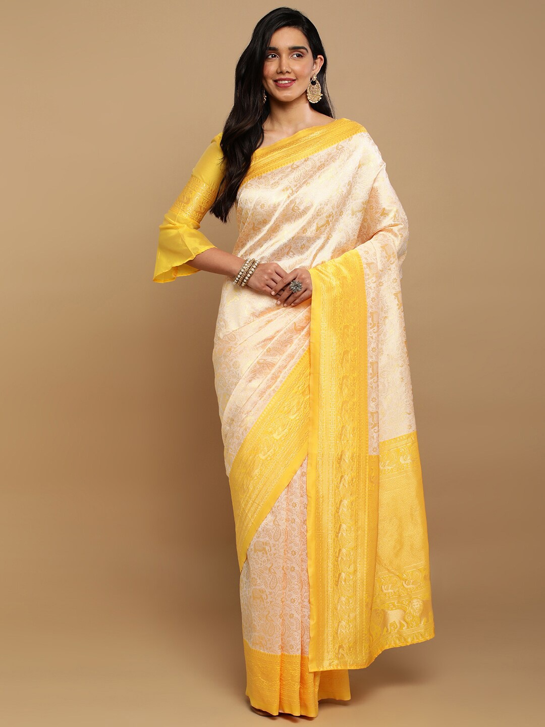 

Satrani Floral Zari Banarasi Saree, Cream
