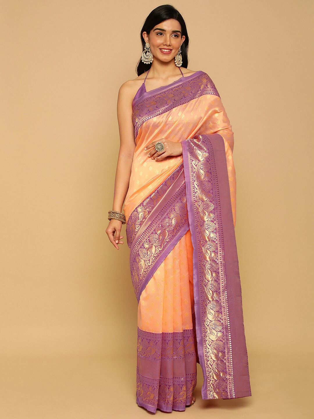 

Satrani Woven Design Zari Banarasi Saree, Peach
