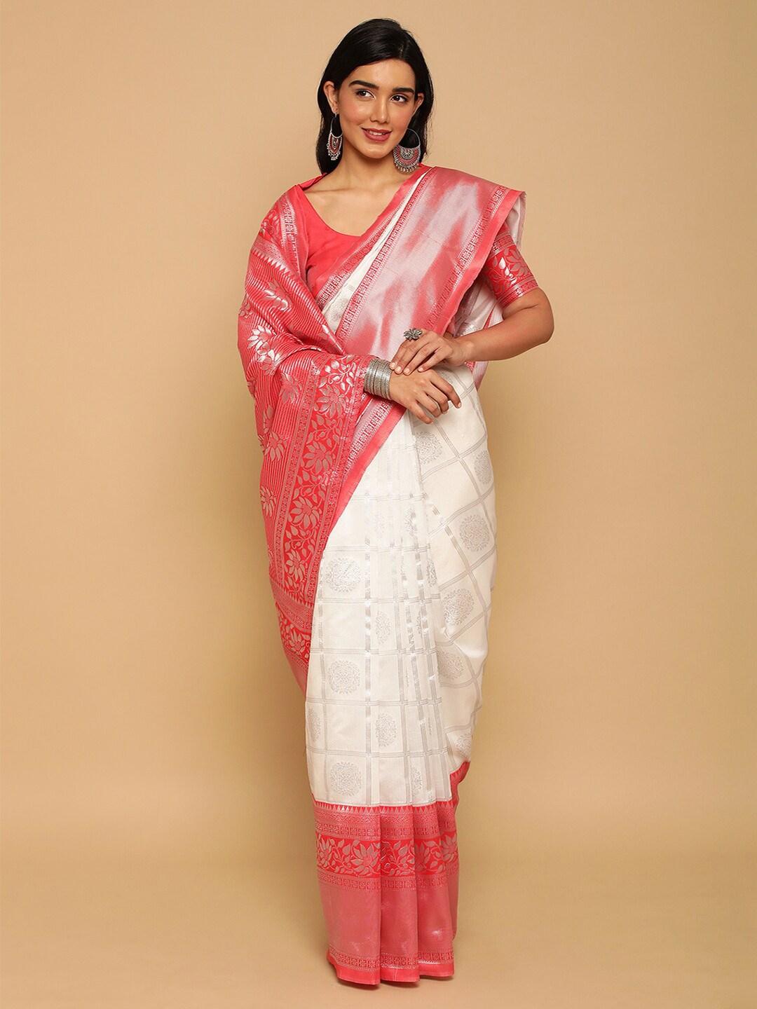 

Satrani Ethnic Motifs Zari Banarasi Saree, Off white