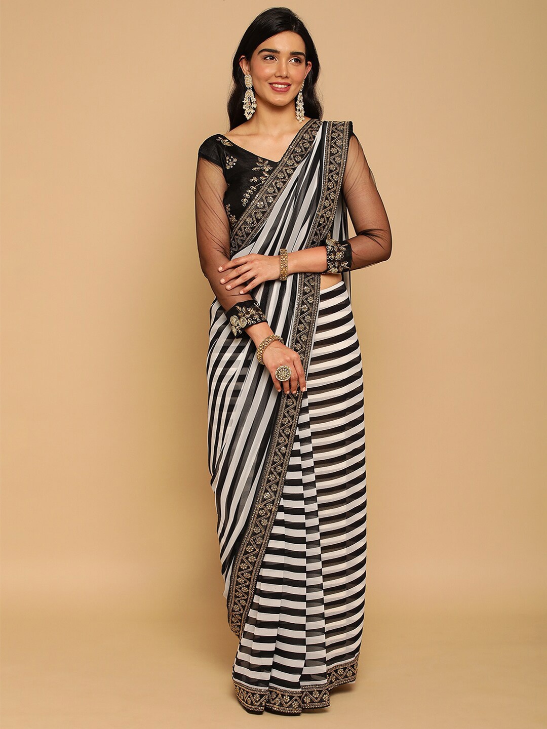 

Satrani Striped Sequinned Saree, Black