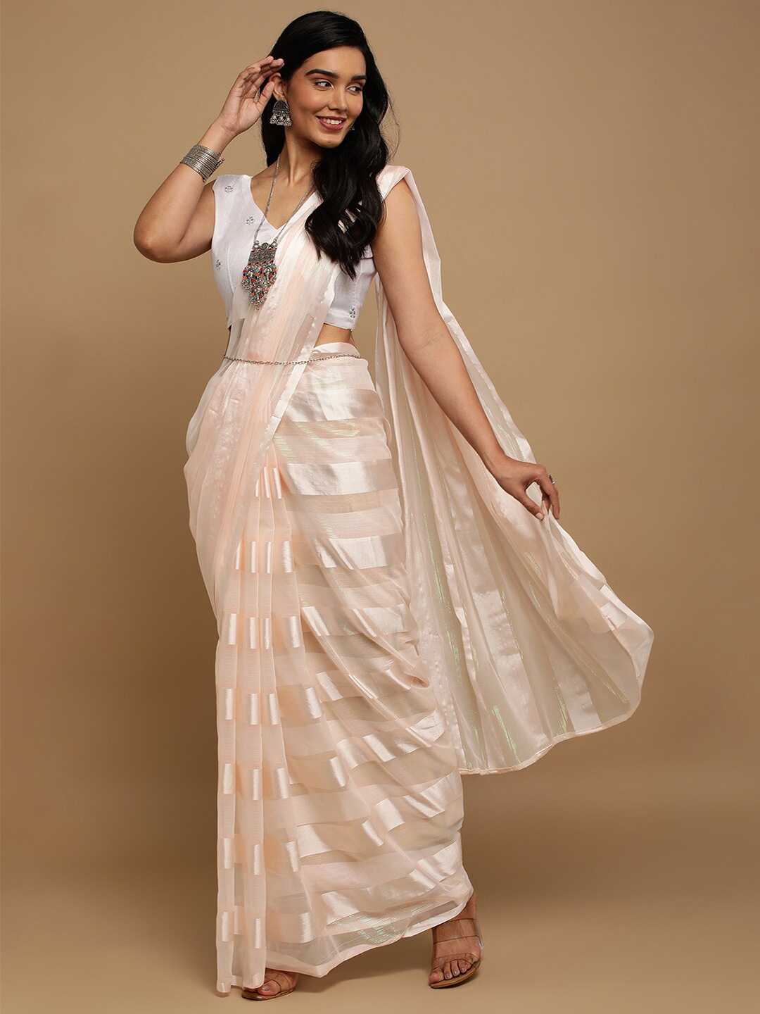 

Satrani Striped Satin Saree, Peach