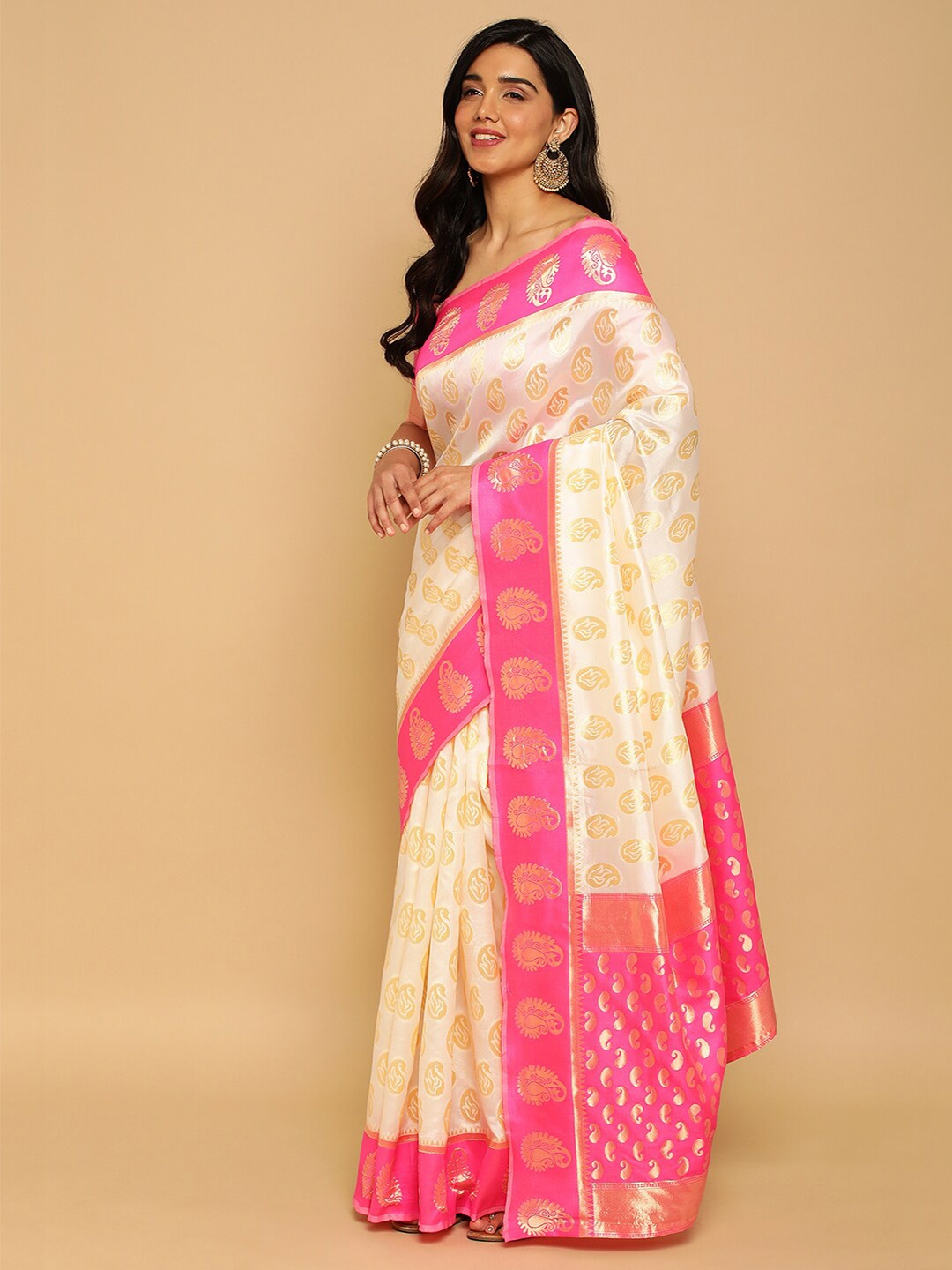 

Satrani Paisley Zari Banarasi Saree, White