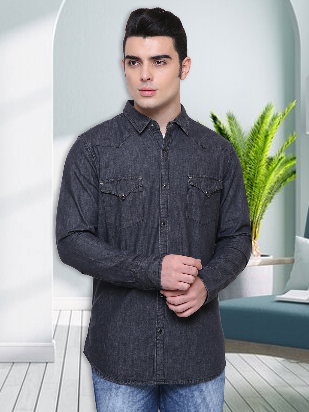 

Southbay Men Smart Slim Fit Casual Denim Shirt, Black