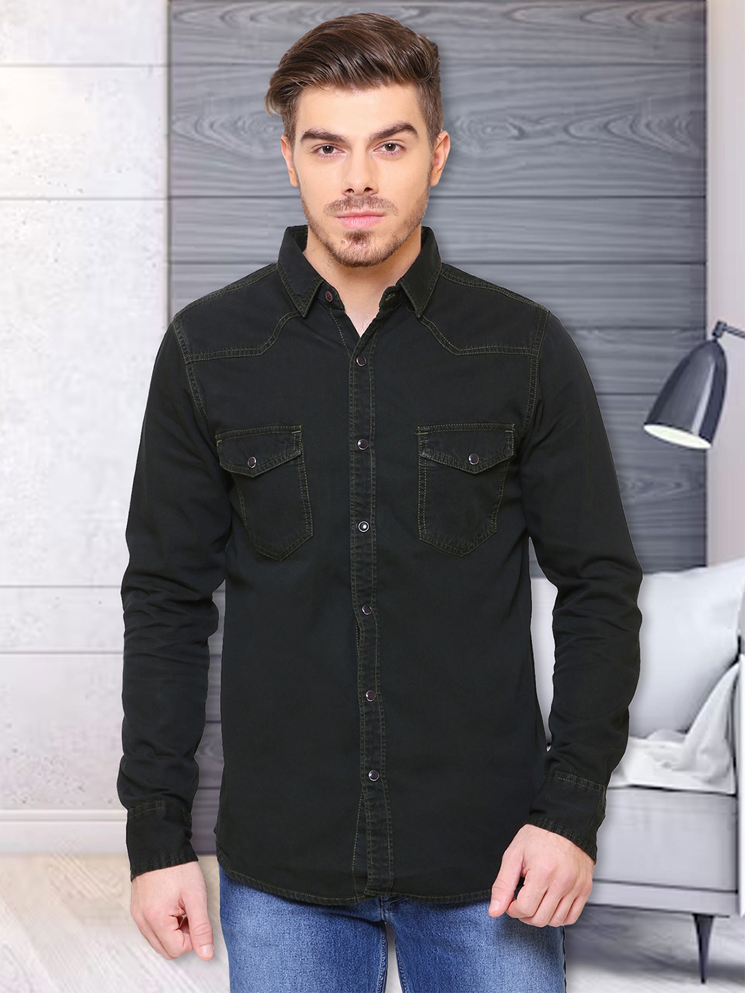 

Southbay Men Smart Slim Fit Casual Denim Shirt, Black