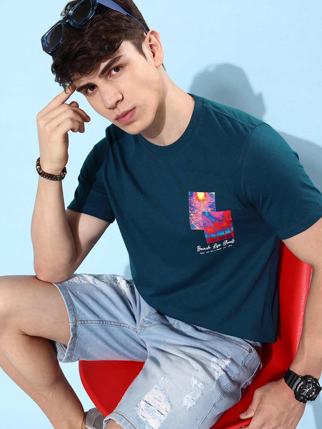 

Mast & Harbour Men Teal Blue MCW Forever Vacay Snapshot Summers Printed T-shirt
