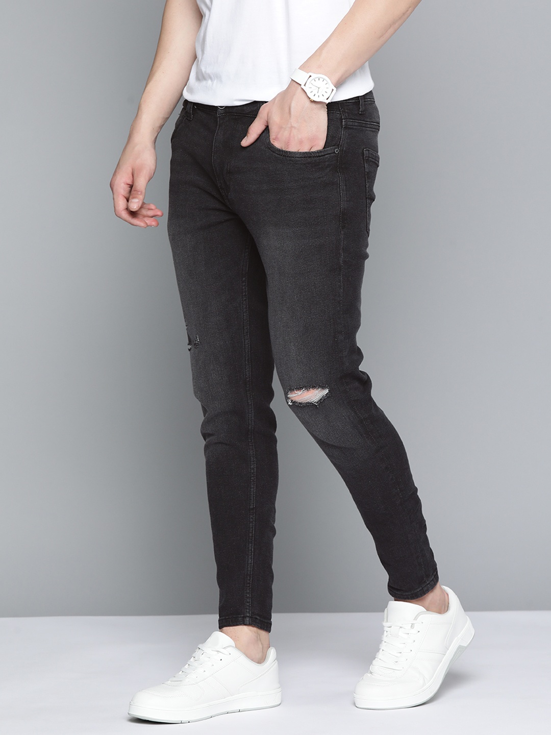 

Mast & Harbour Men Slim Tapered Fit Low Distressed Light Fade Stretchable Jeans, Charcoal
