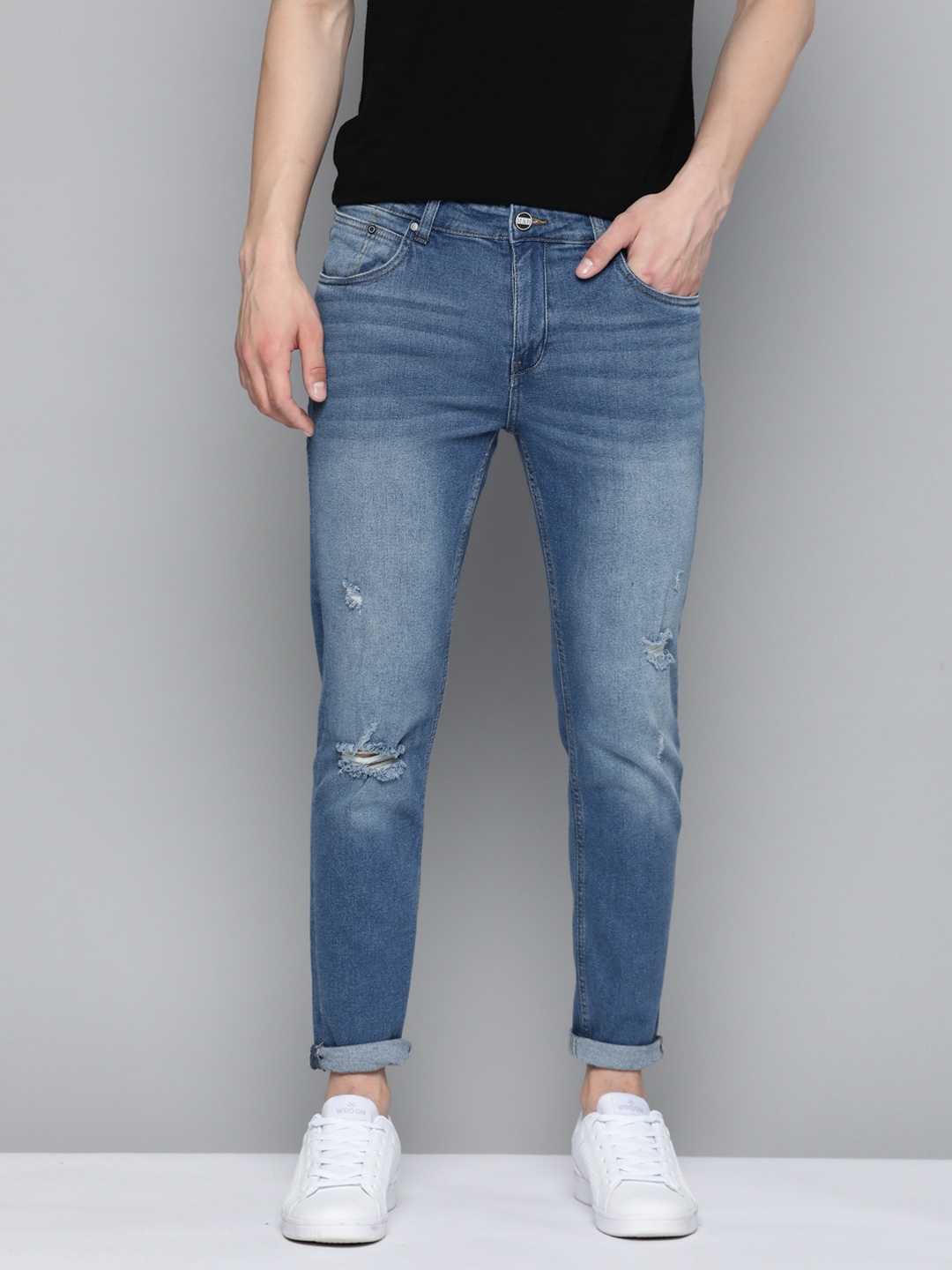 

Mast & Harbour Slim Tapered Fit Ripped Jeans, Navy blue