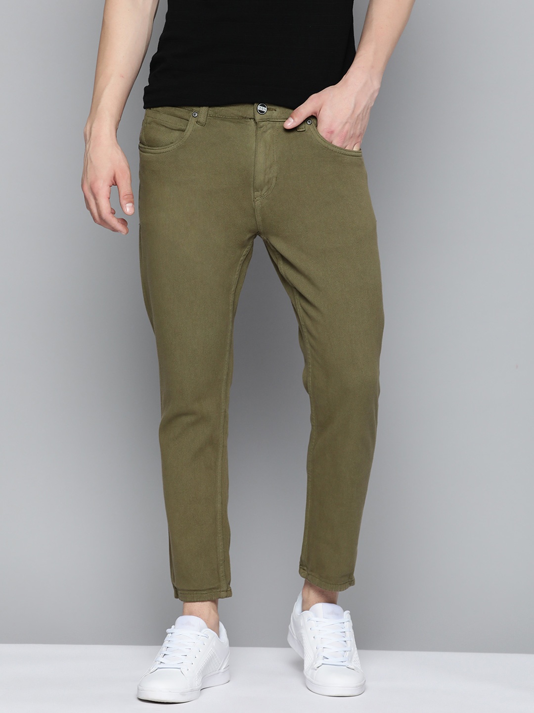 

Mast & Harbour Men Slim Tapered Fit Stretchable Jeans, Olive