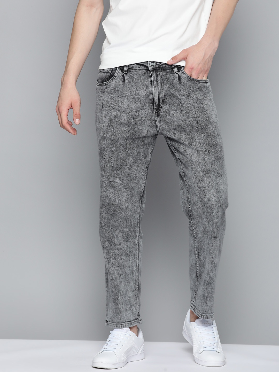 

Mast & Harbour Men Straight Fit Light Fade Acid Wash Stretchable Jeans, Charcoal