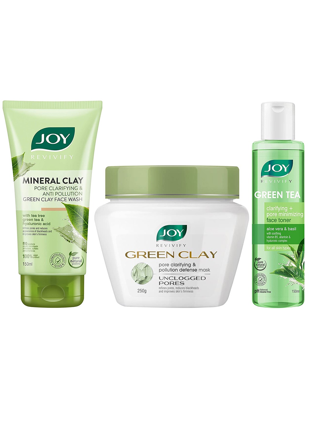 

JOY Set of Green Clay Face Wash 150 ml + Face Toner 150 ml + Green Clay Face Mask 250 g, White