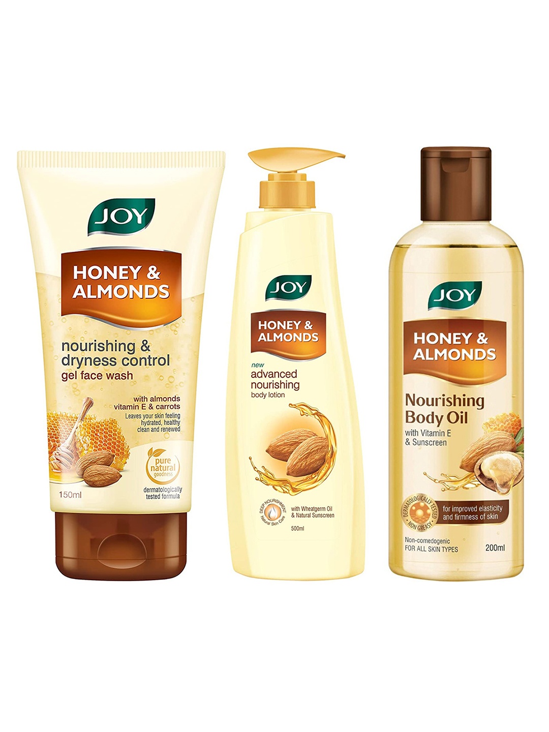 

JOY Set of Honey & Almond Body Lotion 500 ml + Body Oil 200 ml + Face Wash 150 ml, Yellow