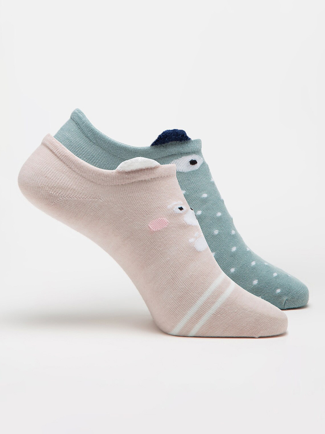 

J Style Women Pack Of 2 Patterned Cotton Shoe Liners-Length Socks, Green