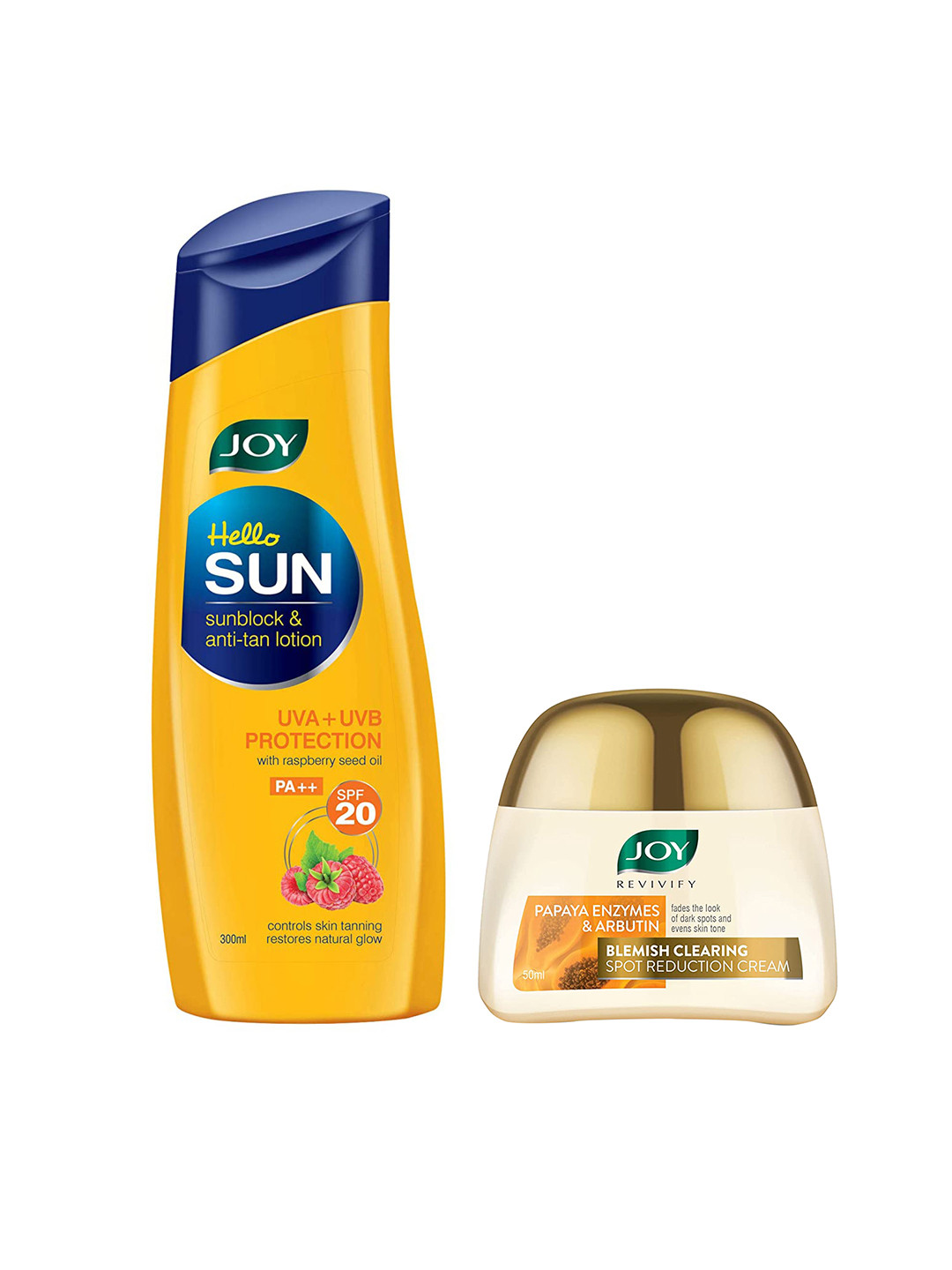 

JOY Set of Hello Sun Lotion 300 ml & Revivify Papaya Enzymes & Arbutin Face Cream 50 ml, Yellow