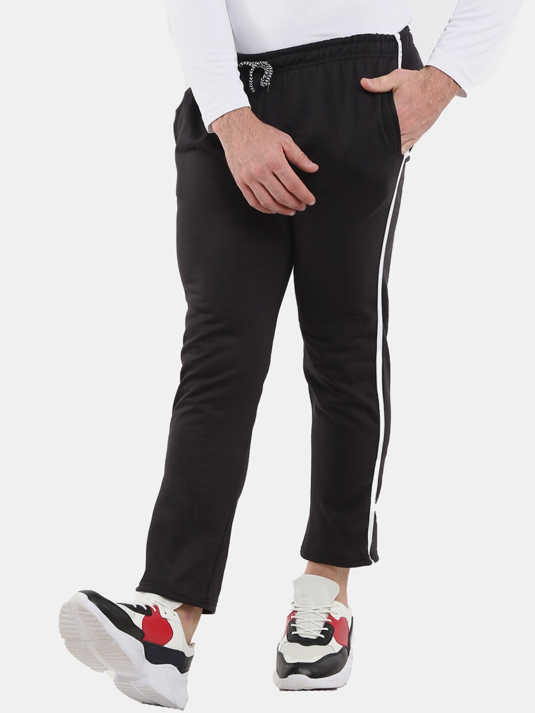 

V-Mart Men Contrast Side Stripe Cotton Track Pants, Black